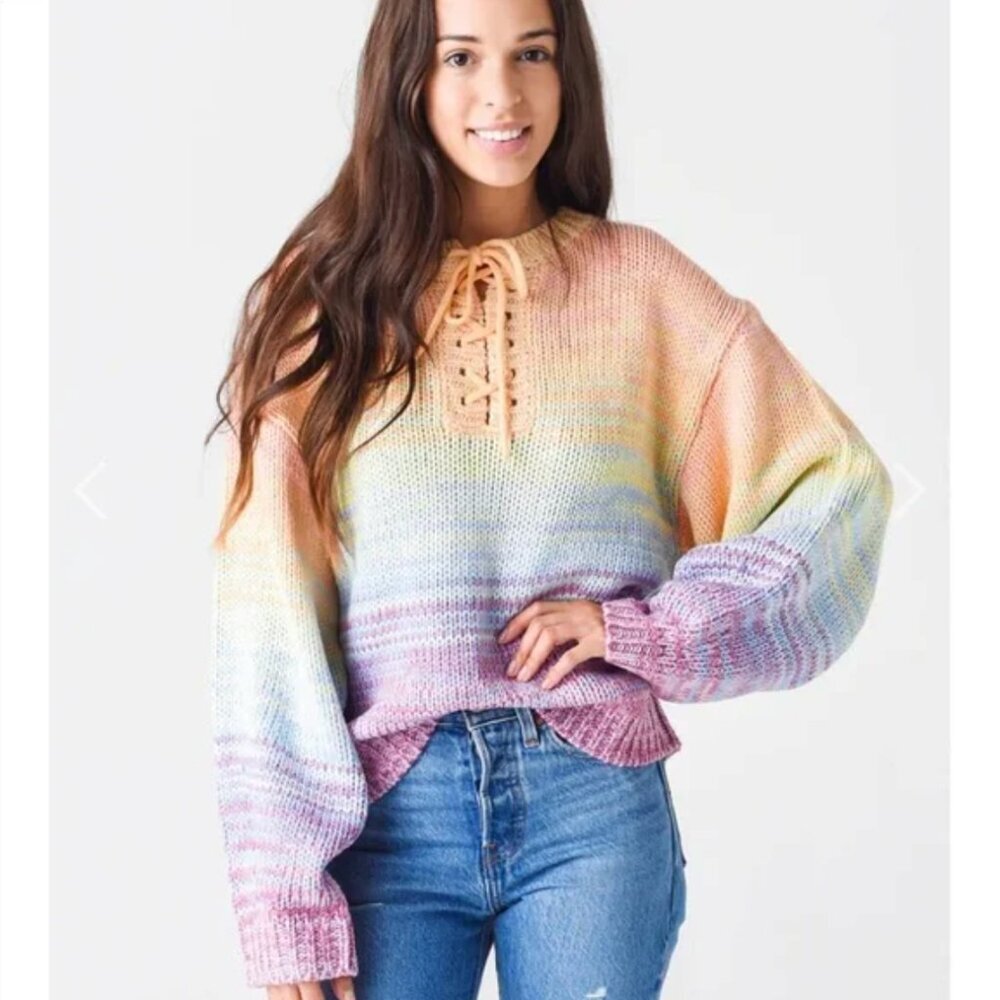 525 America Born in Brooklyn NWT Lace-Up V-Neck Rainbow Marled Knit Sweater, L - Picture 2 of 13